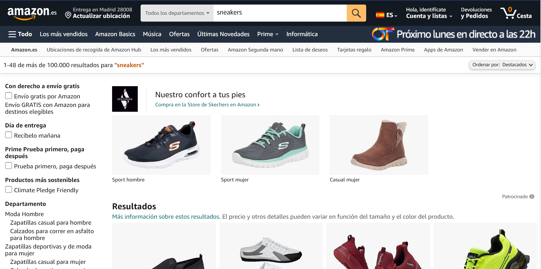 Página de Amazon en la sección de comprar sneakers